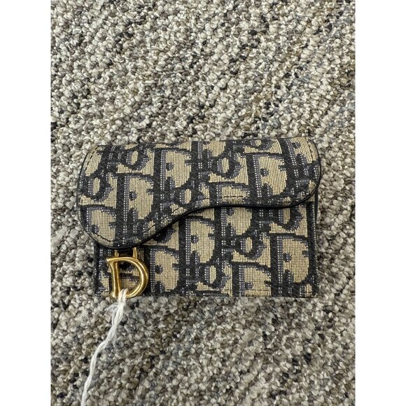 Christian Dior Canvas Oblique Saddle Wallet Navy/Beige Compact Design With Gold - Picture 6 of 10